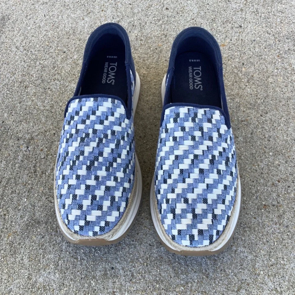 TOMS Alpargata Mallow Mule Espadrilles Blue White Woven Platform Shoes Women 8.5